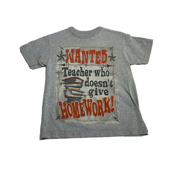 Boy's Gray Short Sleeve T-Shirt Sizes 6/7 -For Teacher No Homework School - Picture 1 of 6